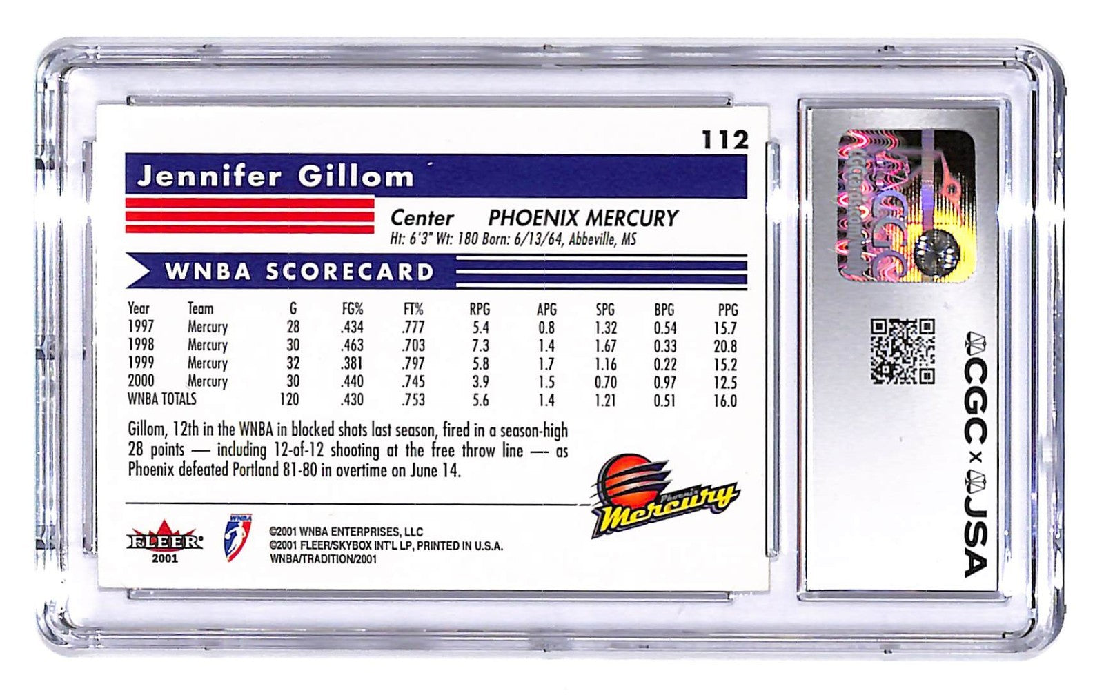 Signed 2001 Fleer Tradition WNBA Jennifer Gillom CGC Authentic Auto Graded 9