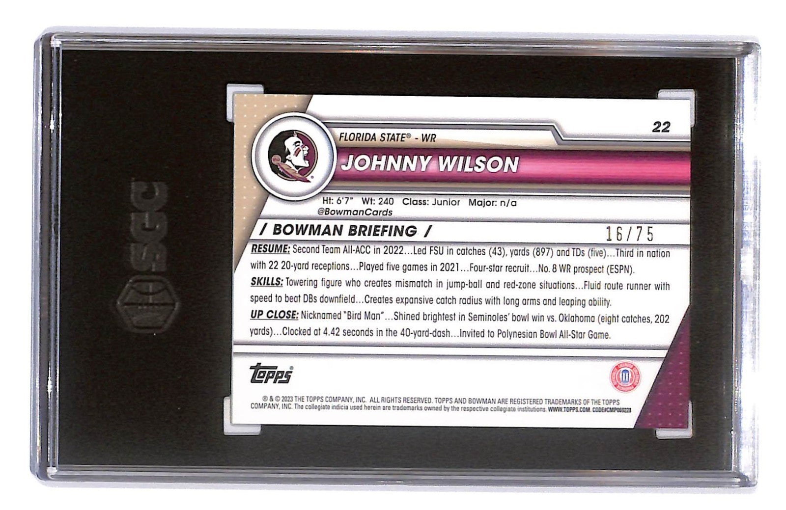 2023 Bowman U Chrome Sapphire Ed Johnny Wilson #22 (RC) Yellow #16/75 SGC 10 GM
