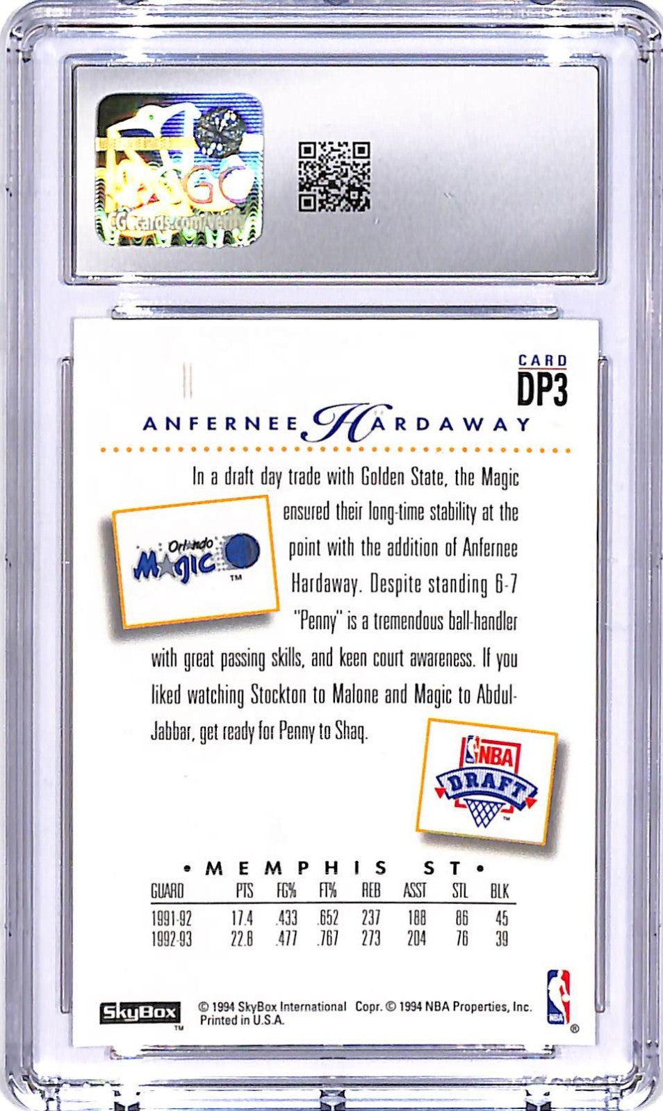 1993-94 SkyBox Premium Anfernee Hardaway Draft Picks Rookie RC DP3 CGC 9.5 Magic