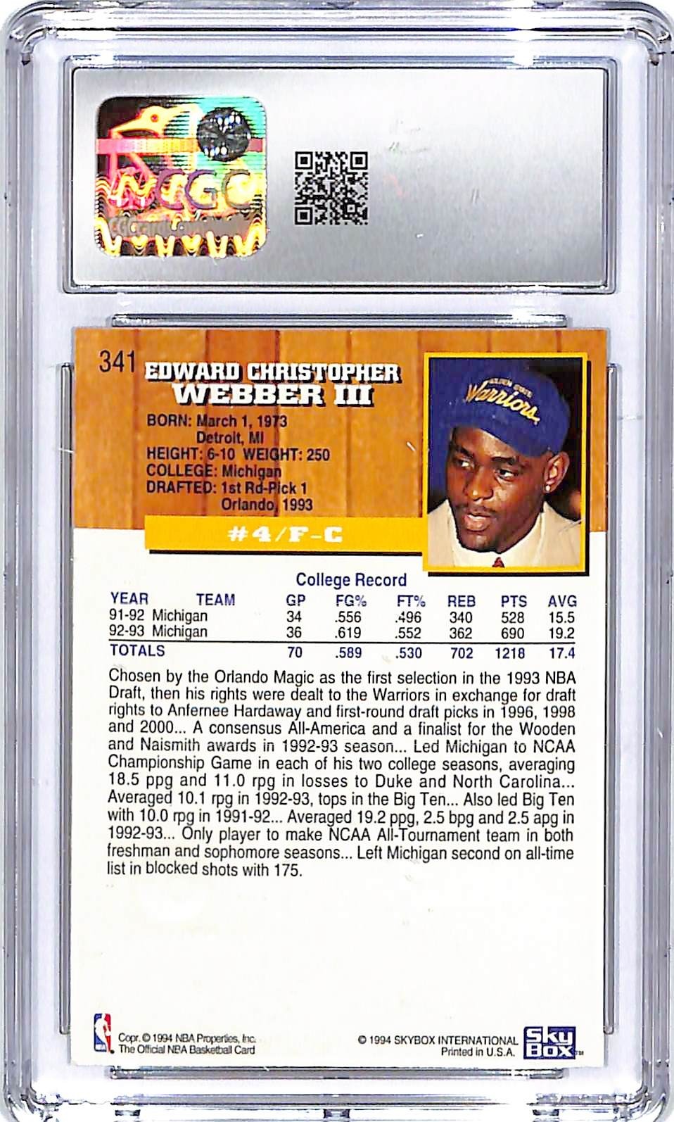 1993-94 Hoops Chris Webber 5th Anniversary Rookie RC CGC 9 #341 Warriors