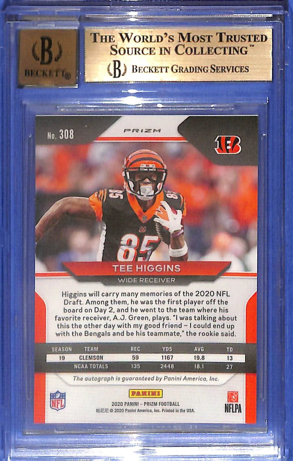 2020 Prizm Tee Higgins Auto Autograph Rookie RC Silver BGS 9.5 #308 Bengals