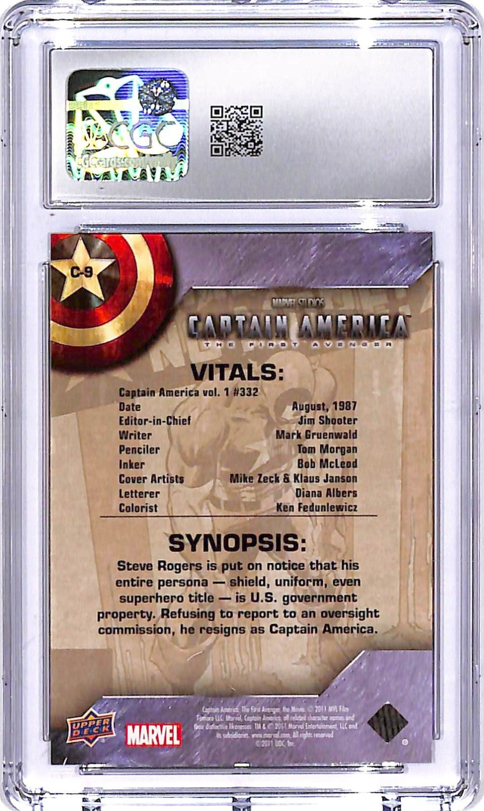2011 Upper Deck Captain America The First Avenger Comic Covers #9 CGC 9.5