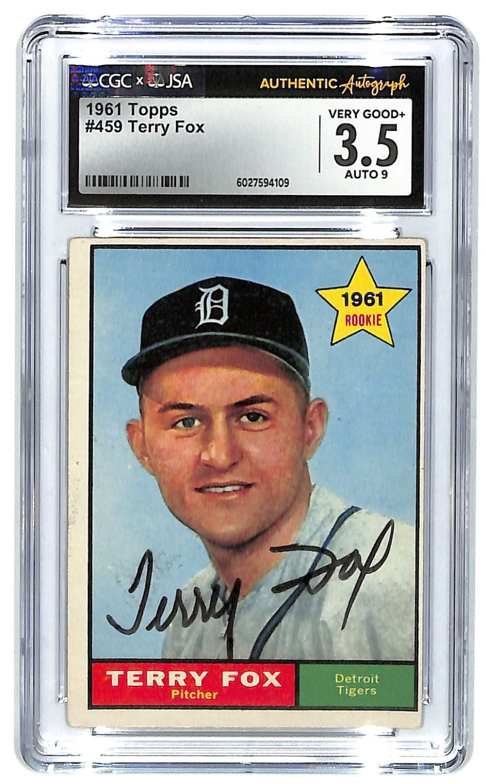 1961 Terry Fox Topps - #459 (RC) Tigers CGC 3.5 - JSA Authentic Auto 9