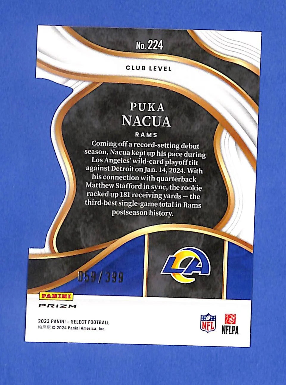2023 Panini Select Club Level Puka Nacua #224 Orange Prizm Die-Cut #59/399 (RC)