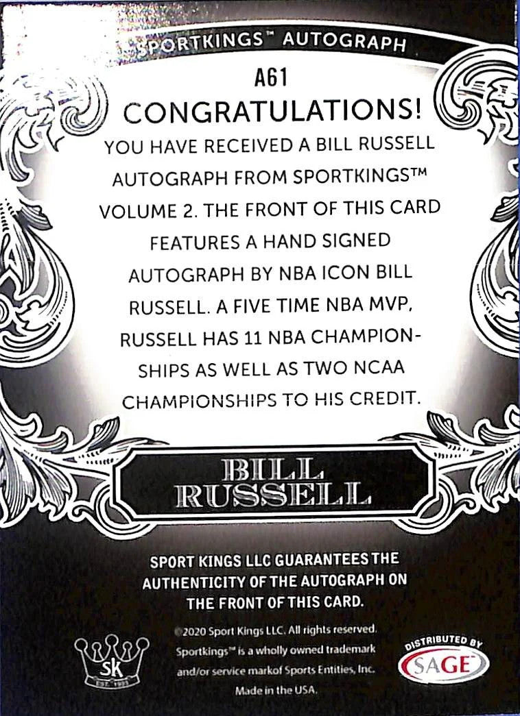 2020 Sports Kings Bill Russell Auto Autograph A61 Boston Celtics