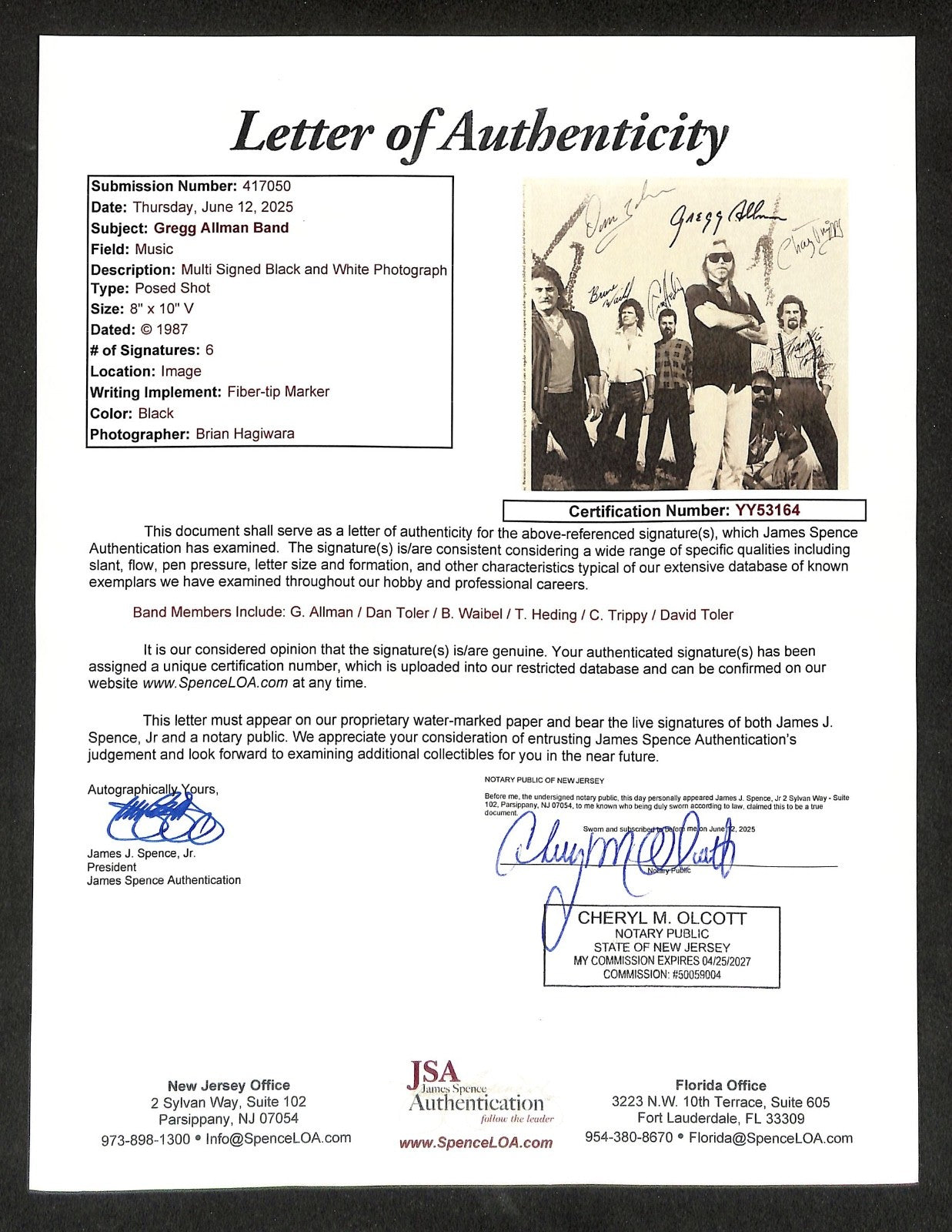 Gregg Allman Band 8"x10" Photograph Autograph JSA Authentic