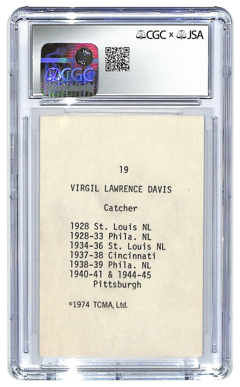 1974 TCMA Spud Davis "Nicknames" - #19 Auto CGC 8 - JSA Authentic Auto 10