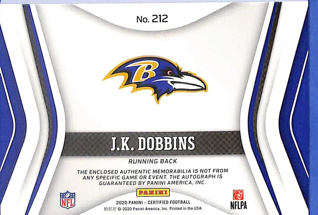 2020 Certified JK Dobbins Auto Autograph Rookie RC Patch Orange /225 Ravens