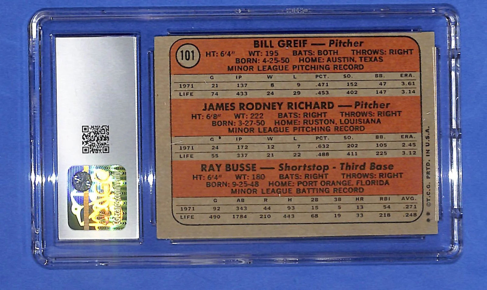 1972 Topps - Rookie Stars J.R. Richard, Bill Greif, Ray Busse #101 (RC) CGC 7