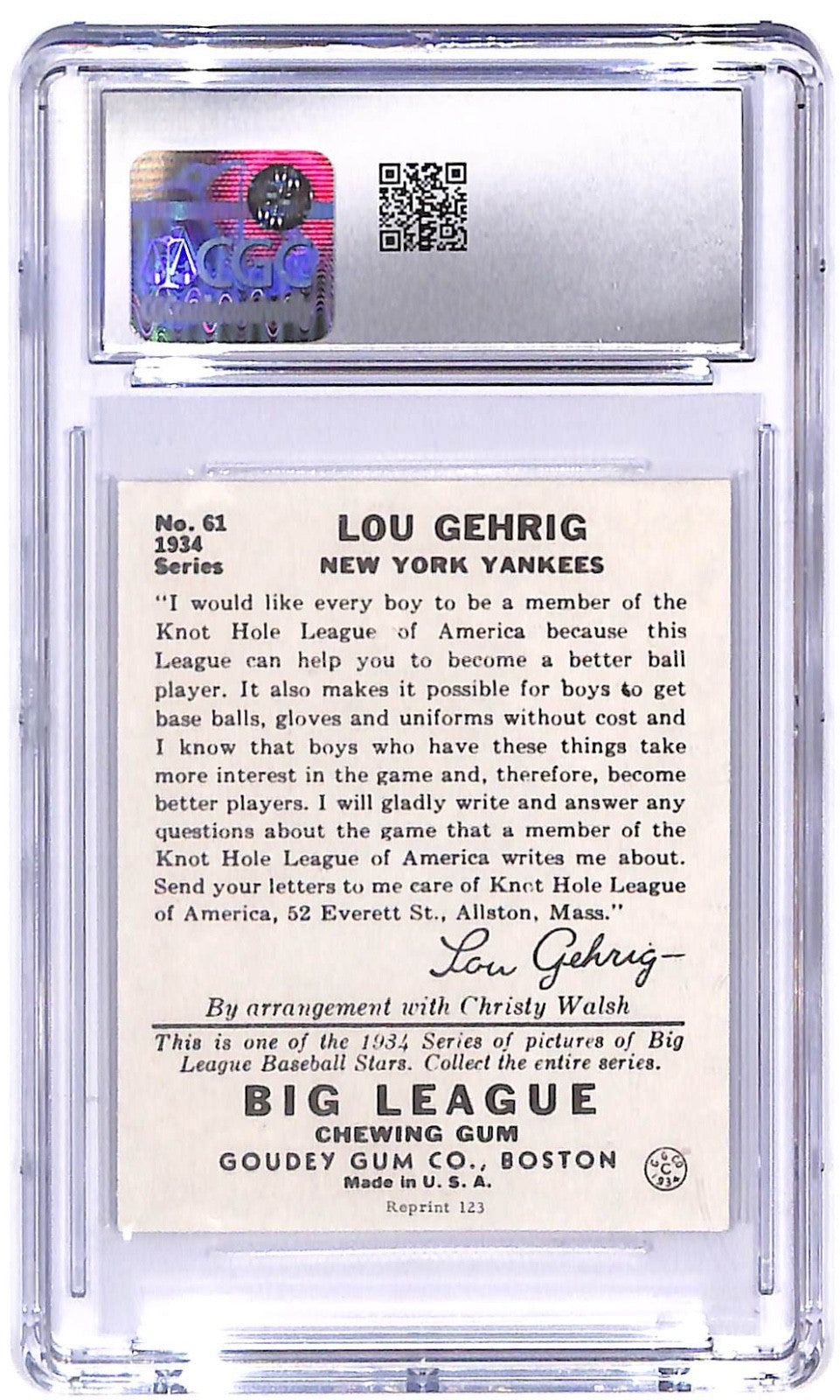 1976 Lou Gehrig TCMA Goudey Reprints #61 '34 Goudey CGC Near Mint 7