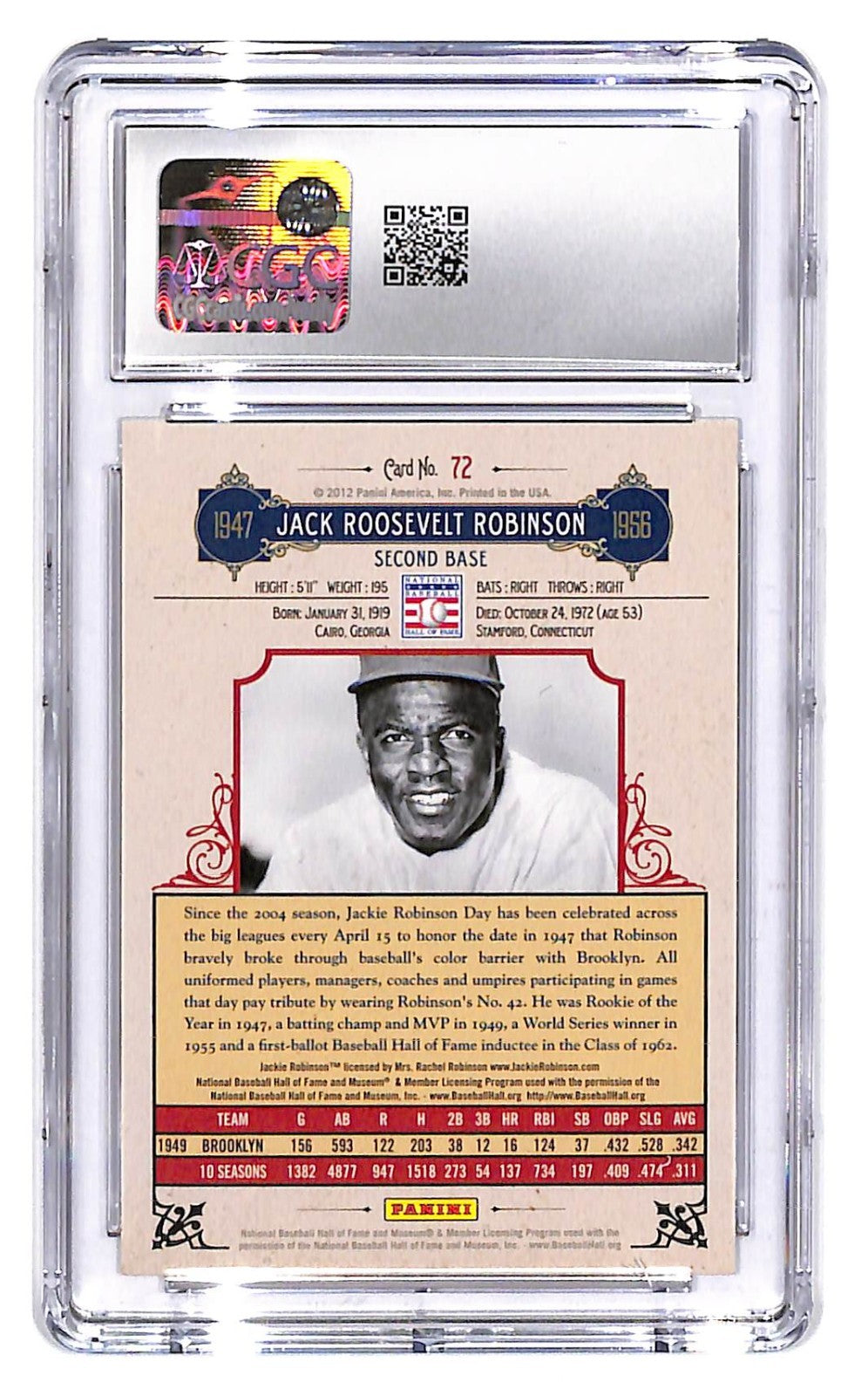 2012 Jackie Robinson Panini Cooperstown #72 Crystal Collection 46/299 CGC Mint 9