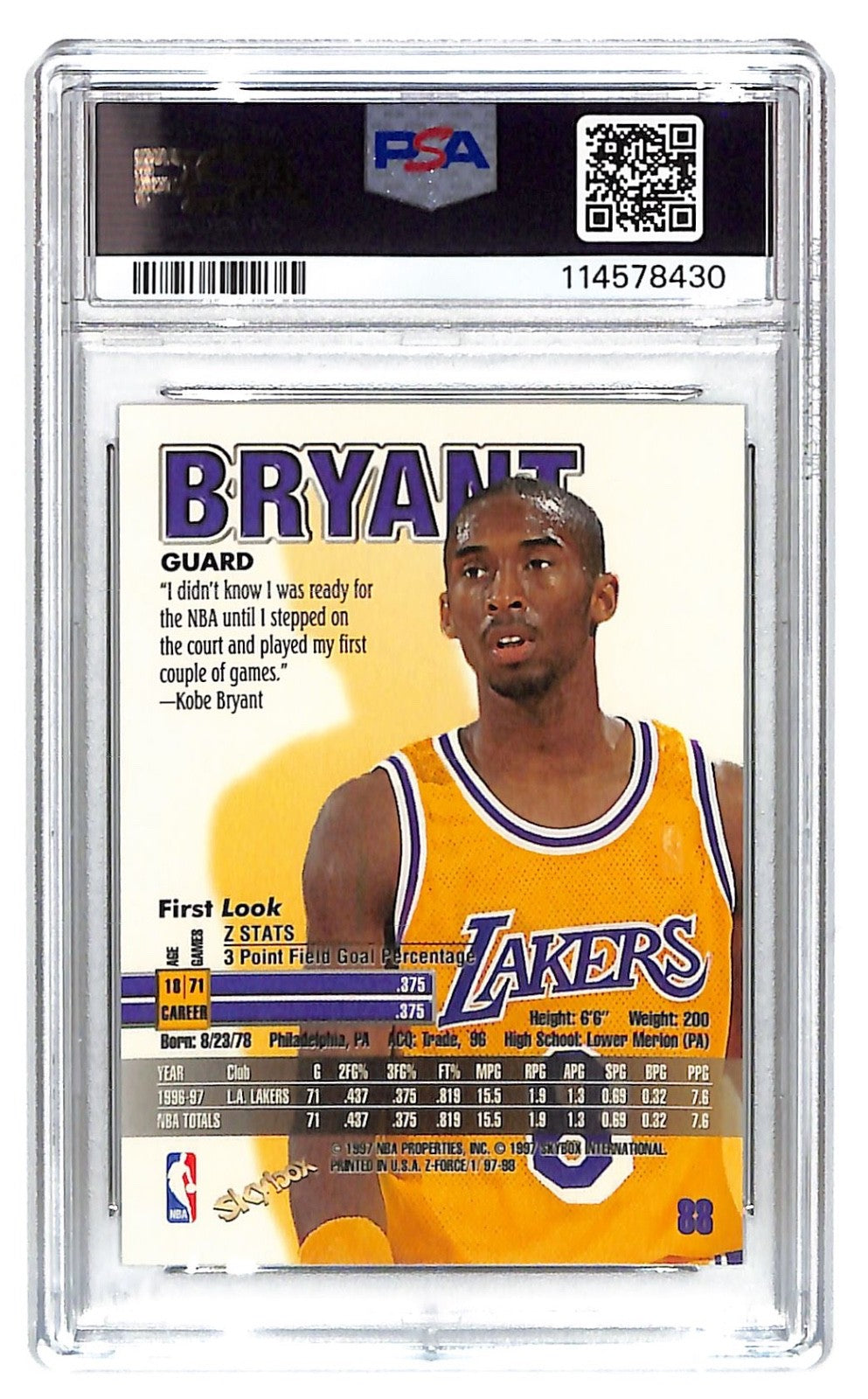 1997-98 Kobe Bryant Skybox Z-Force - #88 PSA Near Mint 7