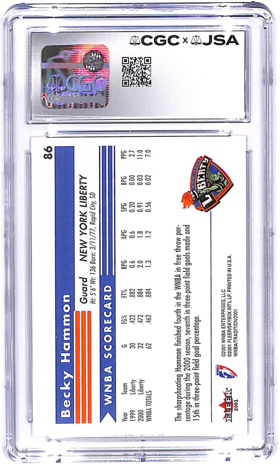 2001 Becky Hammon Fleer Tradition WNBA AUTO #86 CGC - JSA Authentic 8 Auto 10