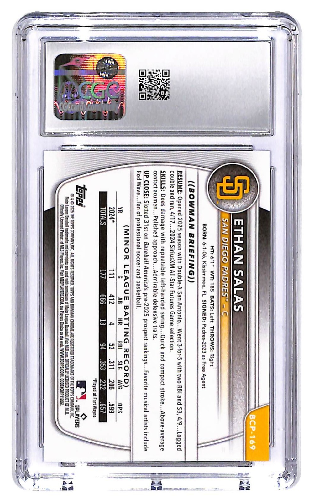2025 Ethan Salas Bowman Chrome Prospects #BCP-169 Purple #201/250 CGC Mint 10