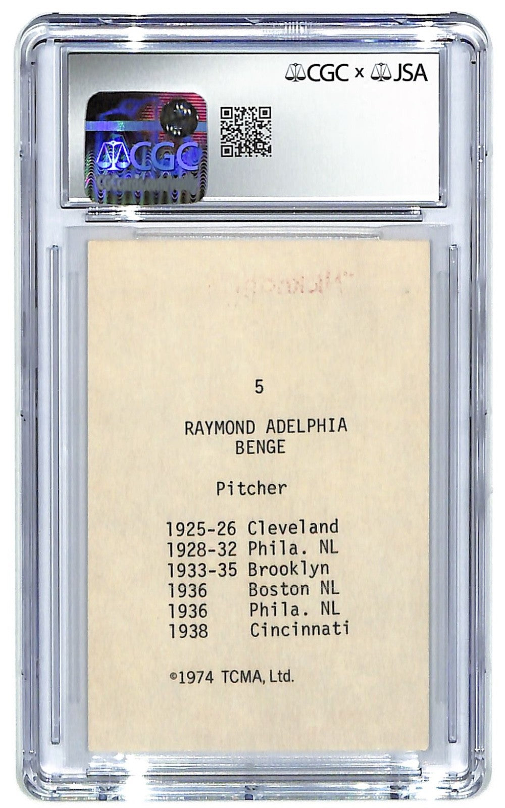 1974 TCMA Cal Benge "Nicknames" - #5 Autograph CGC 8 - JSA Authentic Auto 9
