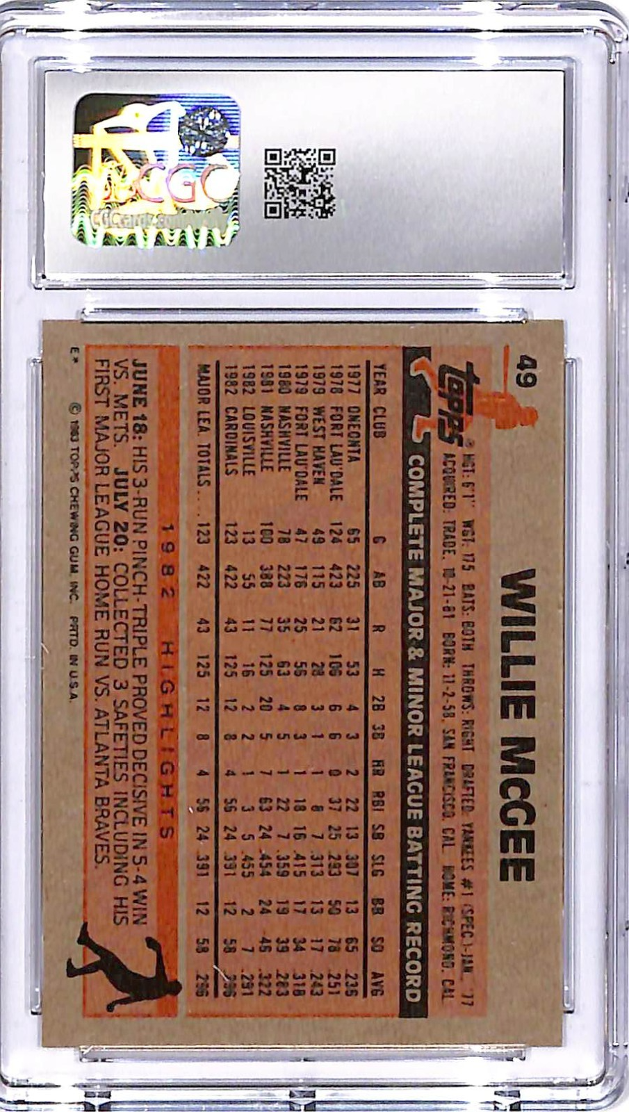 1983 Topps Willie McGee Rookie RC #49 CGC 9 Cardinals