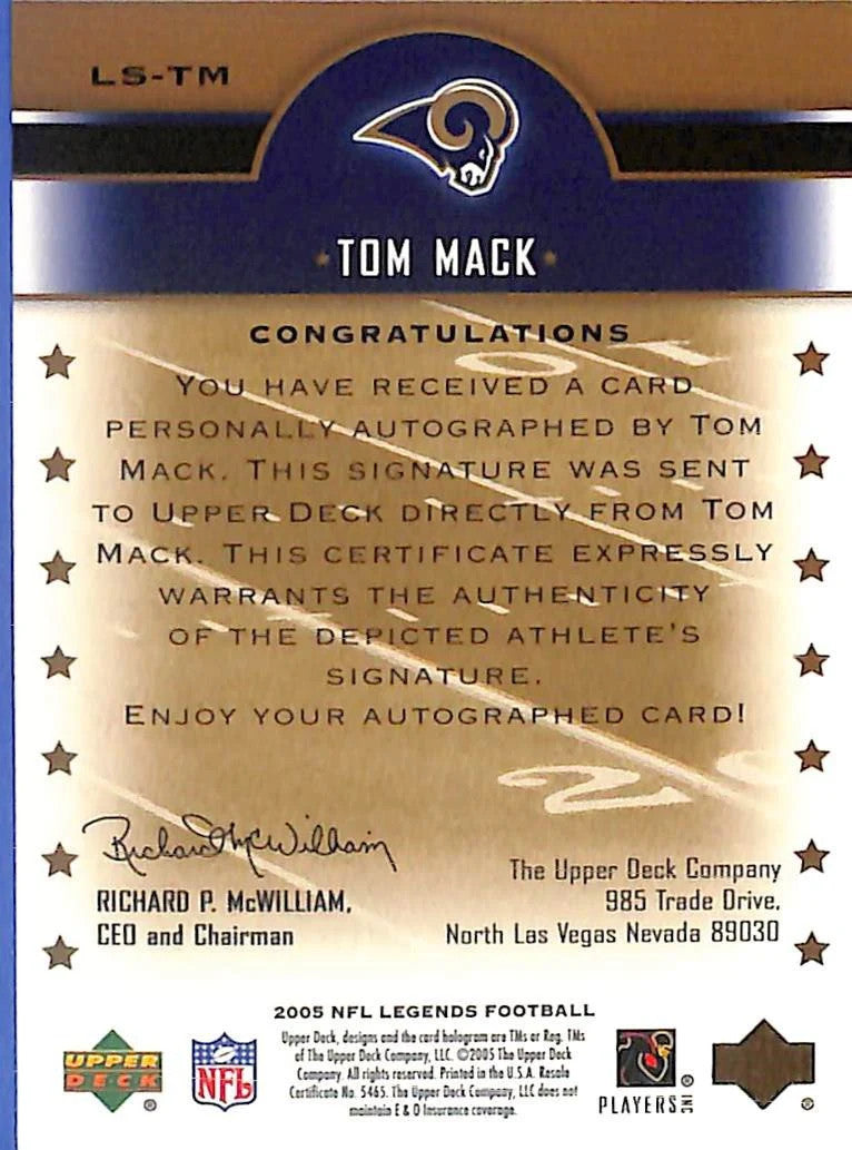 2005 Upper Deck Legends Tom Mack Auto Autograph Rams