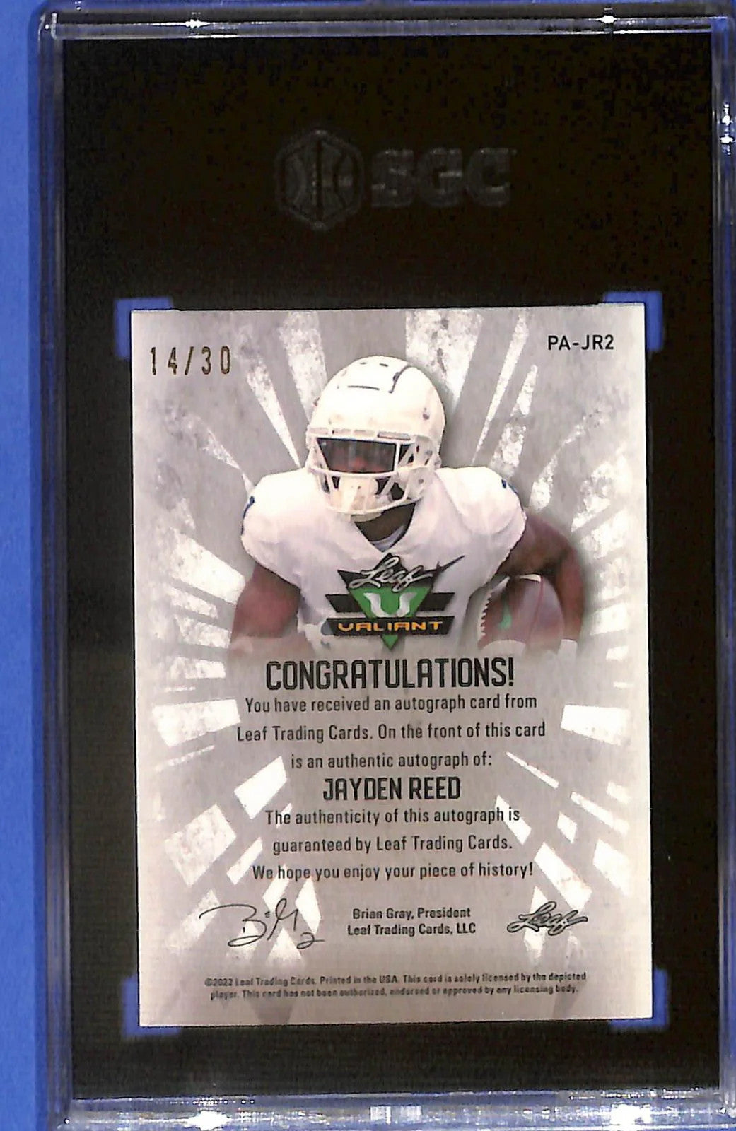 2022 Leaf Valiant Jayden Reed Auto Autograph Rookie RC Green Crystal SGC 10 /30
