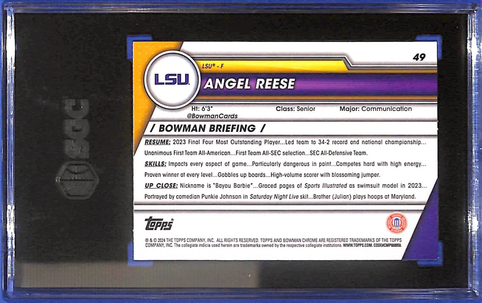 2023-24 Bowman University Chrome Sapphire Edition Angel Reese #49 (RC) SGC 10 GM