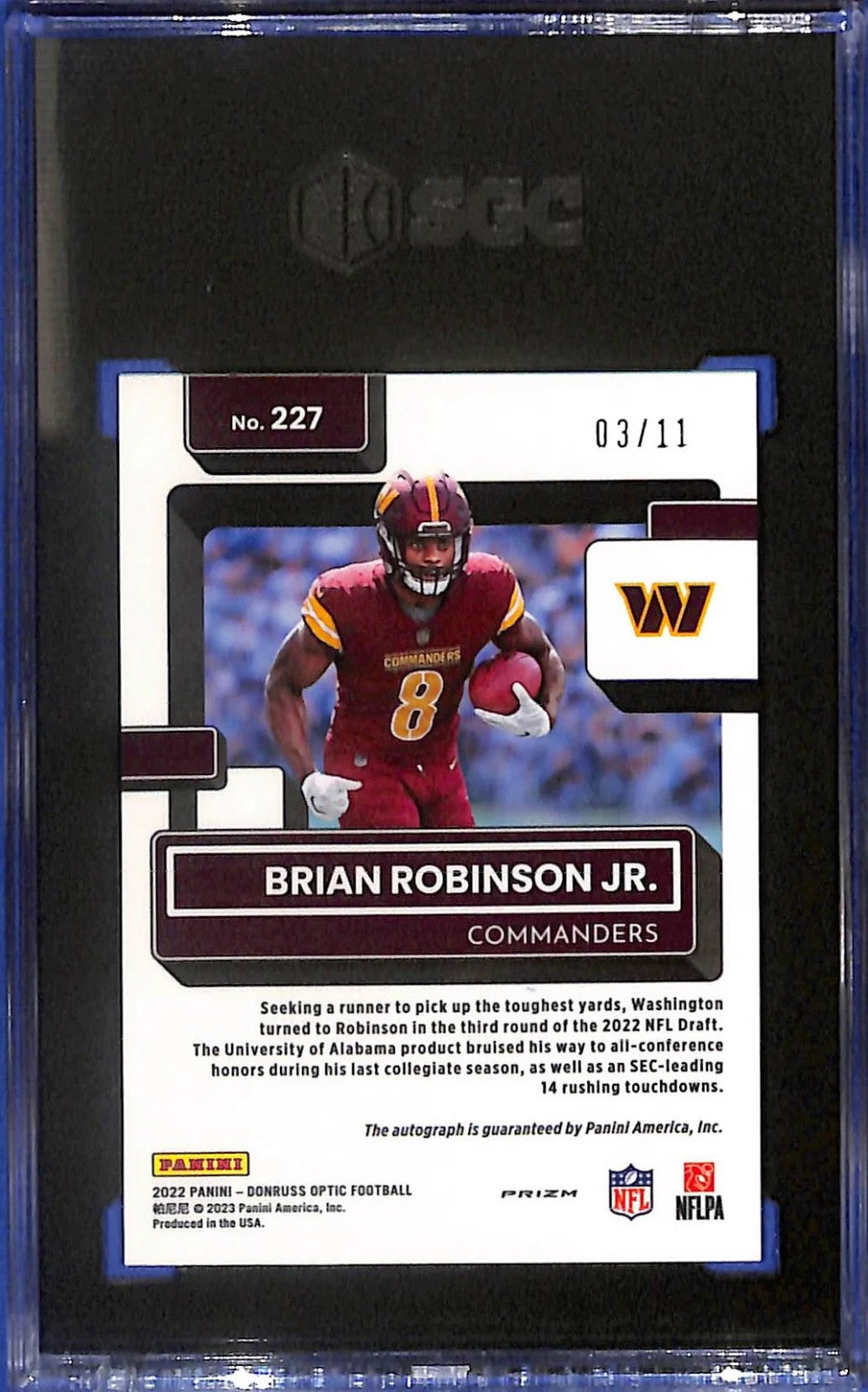 2022 Brian Robinson Jr. Donruss Rated Rookie # 227 Red Star #3/11 Auto SGC 10