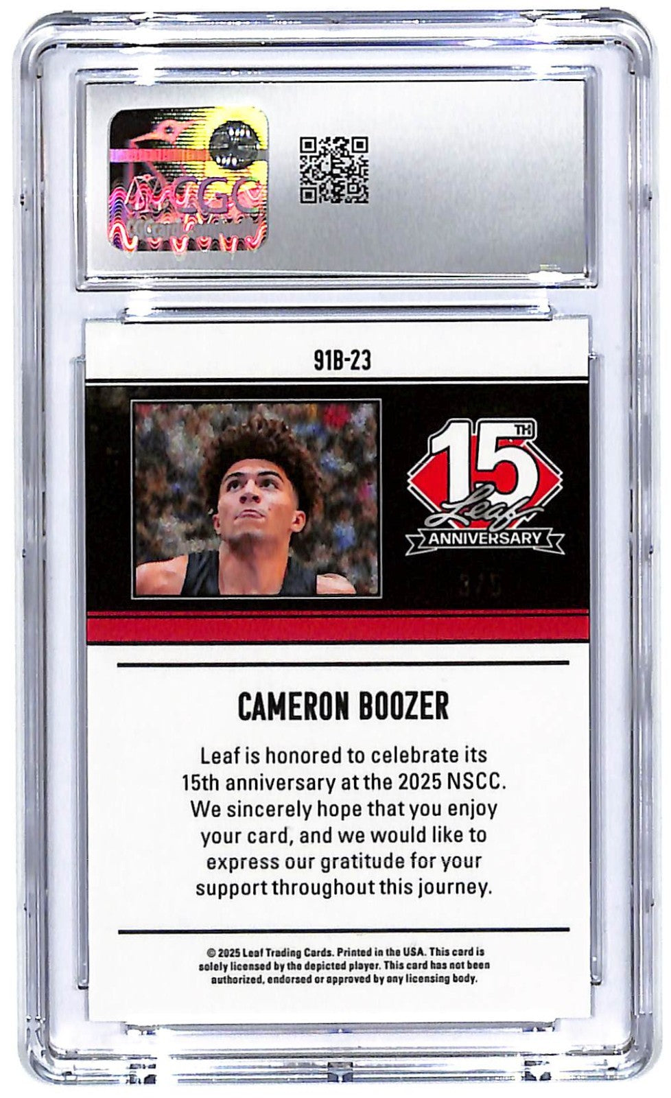 2025 Cameron Boozer Leaf 15th Anniversary '91 - 91B-23 #3/5 CGC Mint 10