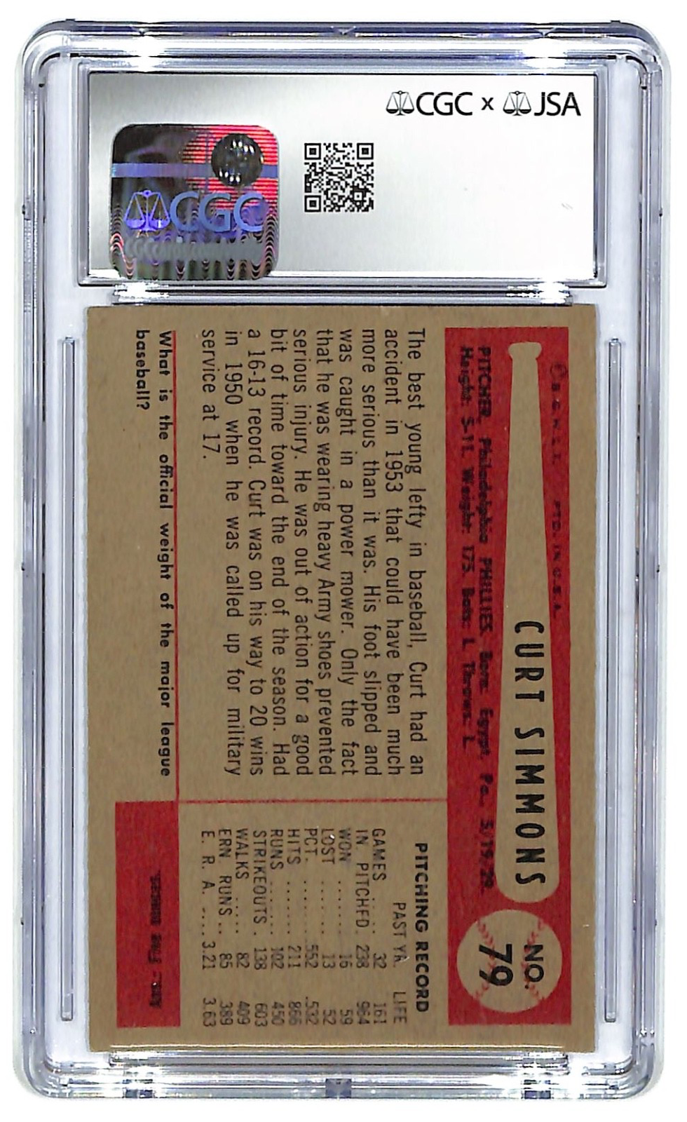 1954 Curt Simmons Bowman - #79 Autograph CGC Excellent 6 - JSA Authentic Auto