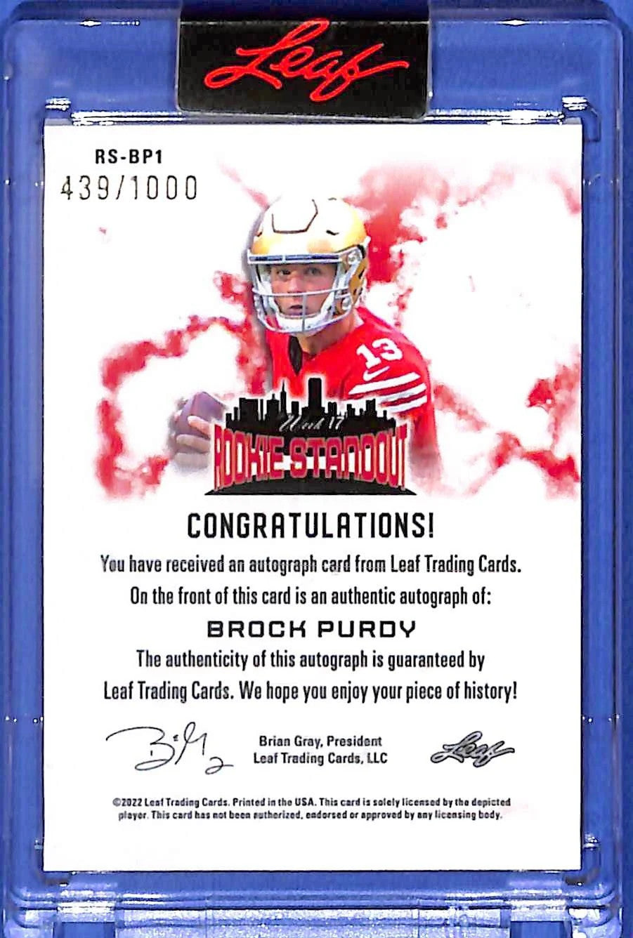 2022 Leaf Brock Purdy Rookie Standout Autograph #439/1000 #RS-BP1 4th Strait Win