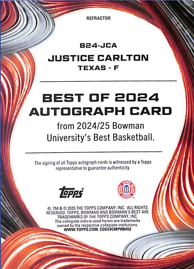 2024-25 Bowman University Best - Best of 2024 Autographs Justice Carlton TEXAS
