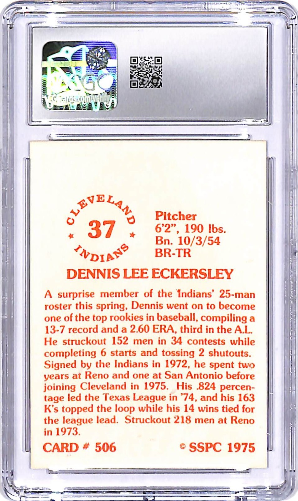 1976 SSPC Dennis Eckersley Rookie RC #506 CGC 9