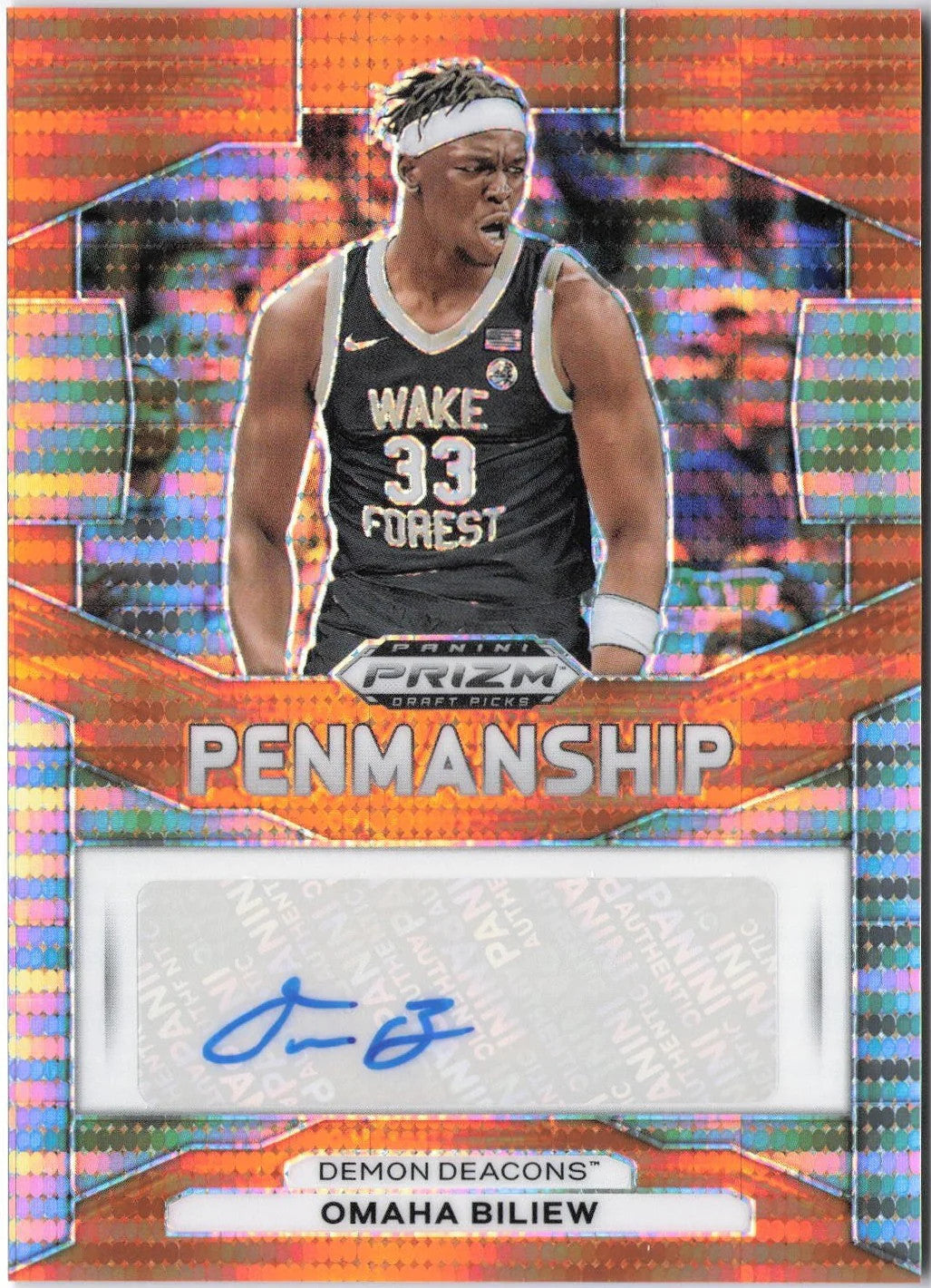 2024 Panini Prizm Draft Picks Penmanship Omaha Biliew Orange Pulsar #/49 (RC AU)