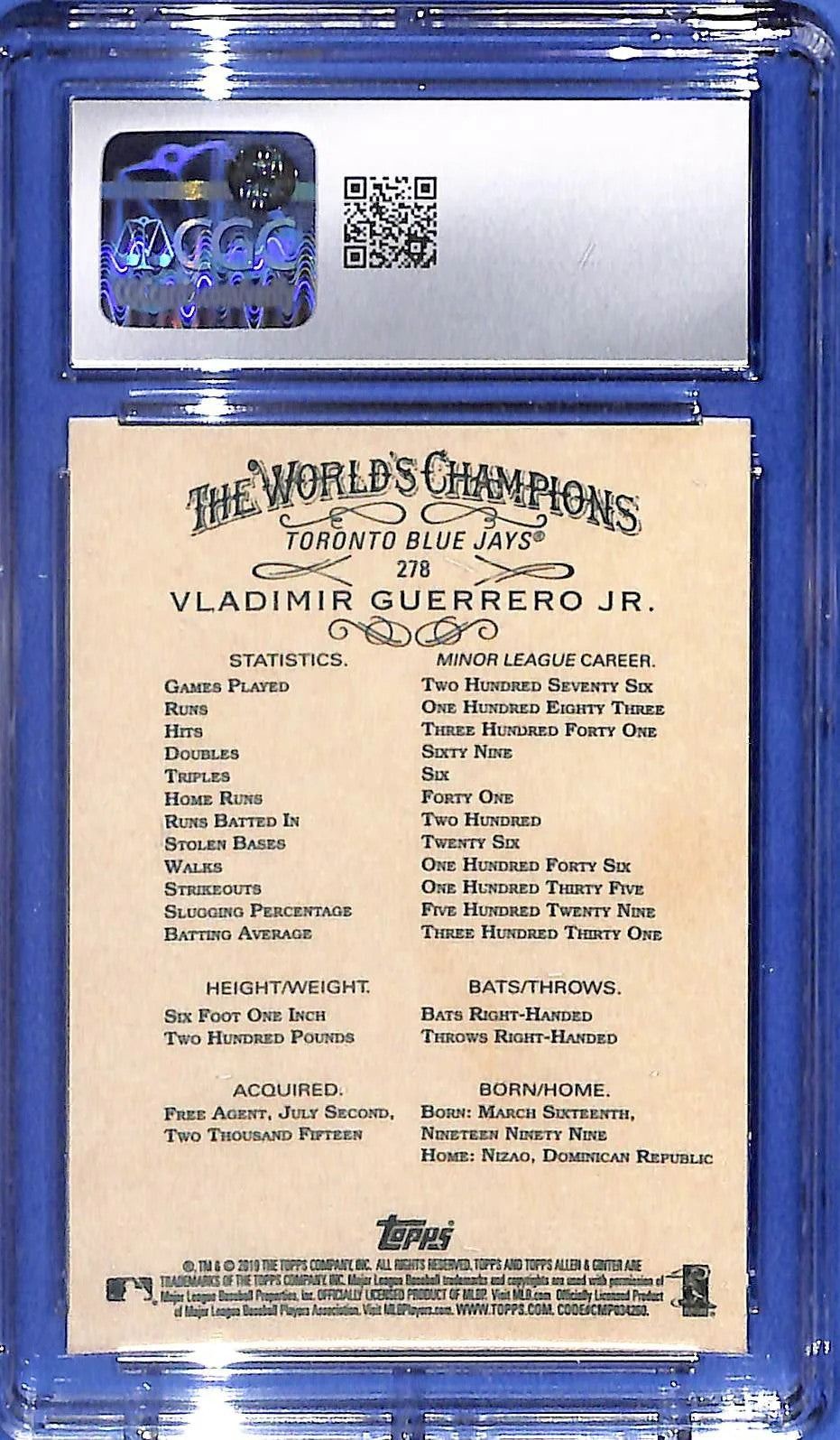 2019 Topps Allen & Ginter - Vladimir Guerrero Jr. #278 (RC) CGC 10 Gem Mint