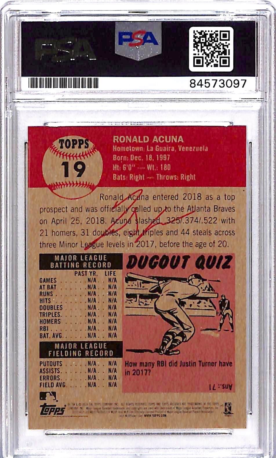 2018 Topps Living Set Ronald Acuna Jr Rookie RC Auto Autograph PSA DNA 10