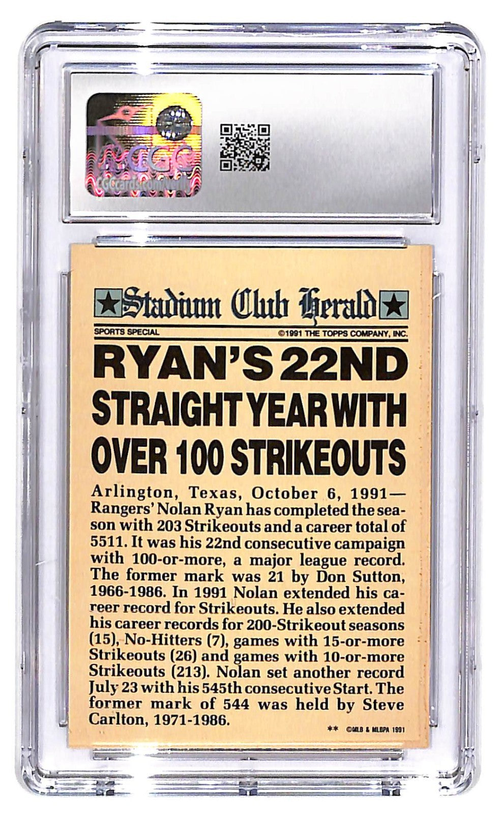 1991 Nolan Ryan Topps Stadium Club Members Only - CGC Gem Mint 10