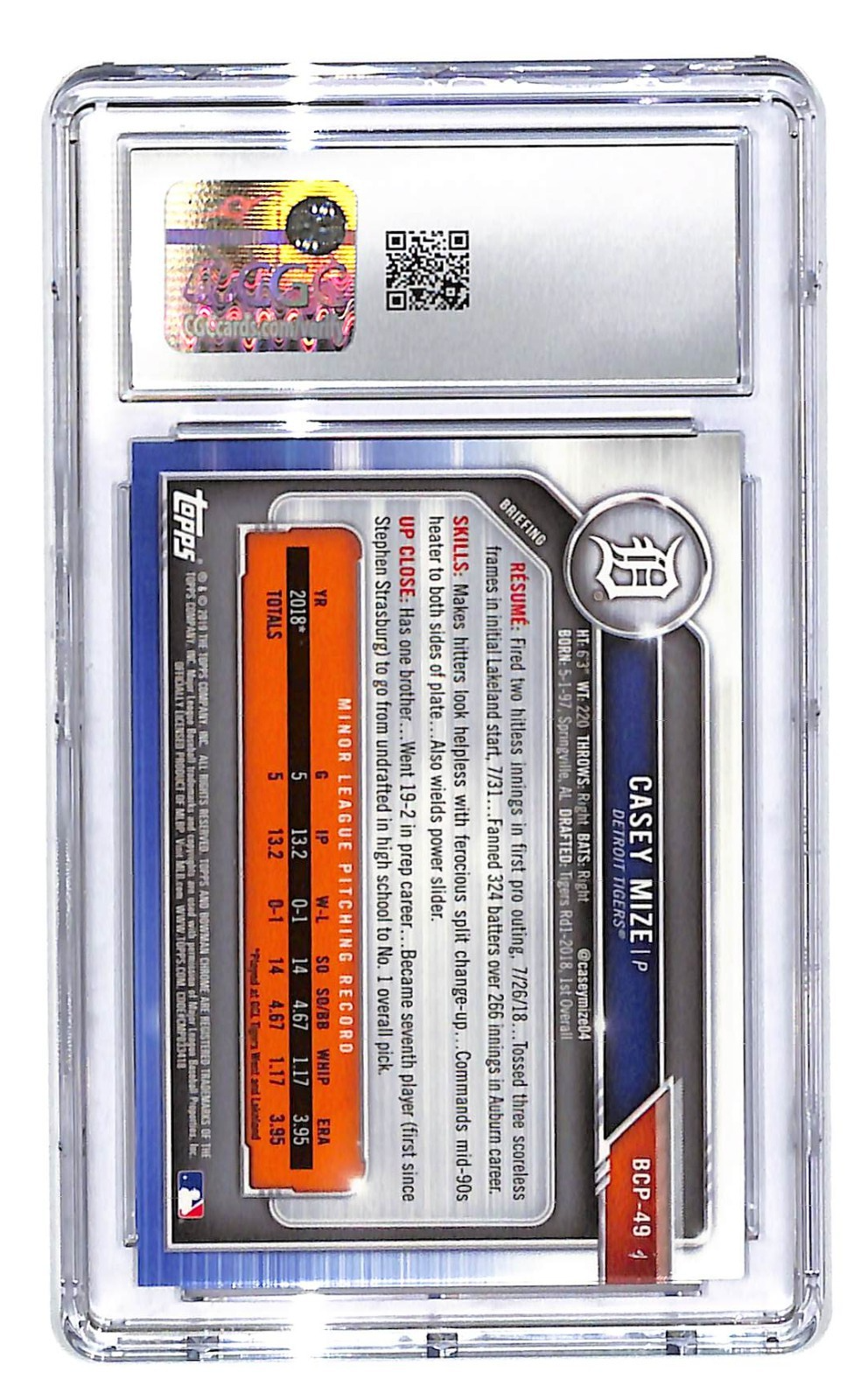 2019 Casey Mize Bowman Chrome Mojo Purple - BCP-49 - #185/250CGC Gem Mint 10