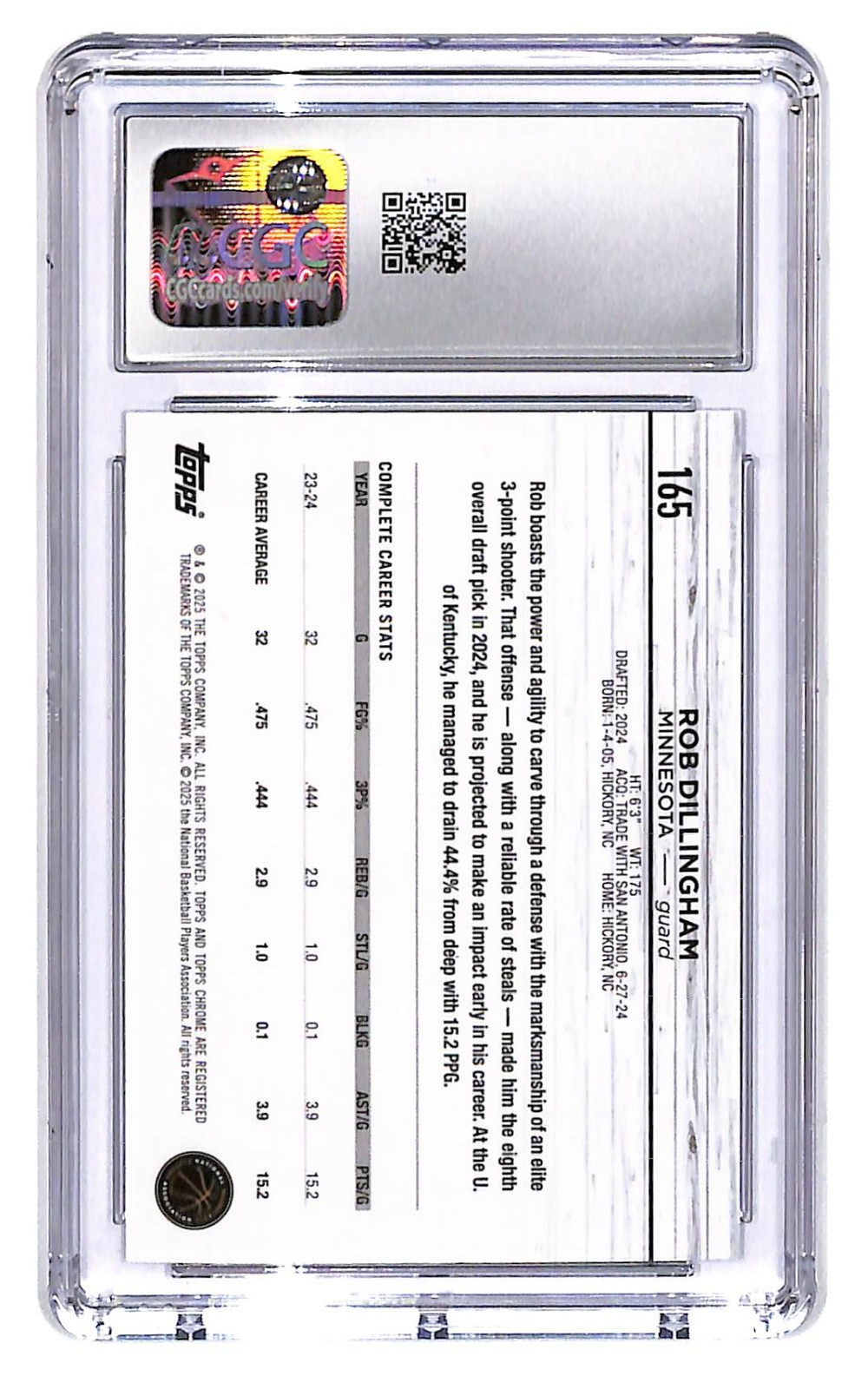 2024-25 Rob Dillingham Topps Chrome Sapphire Edition - #165 (RC) CGC Mint 10