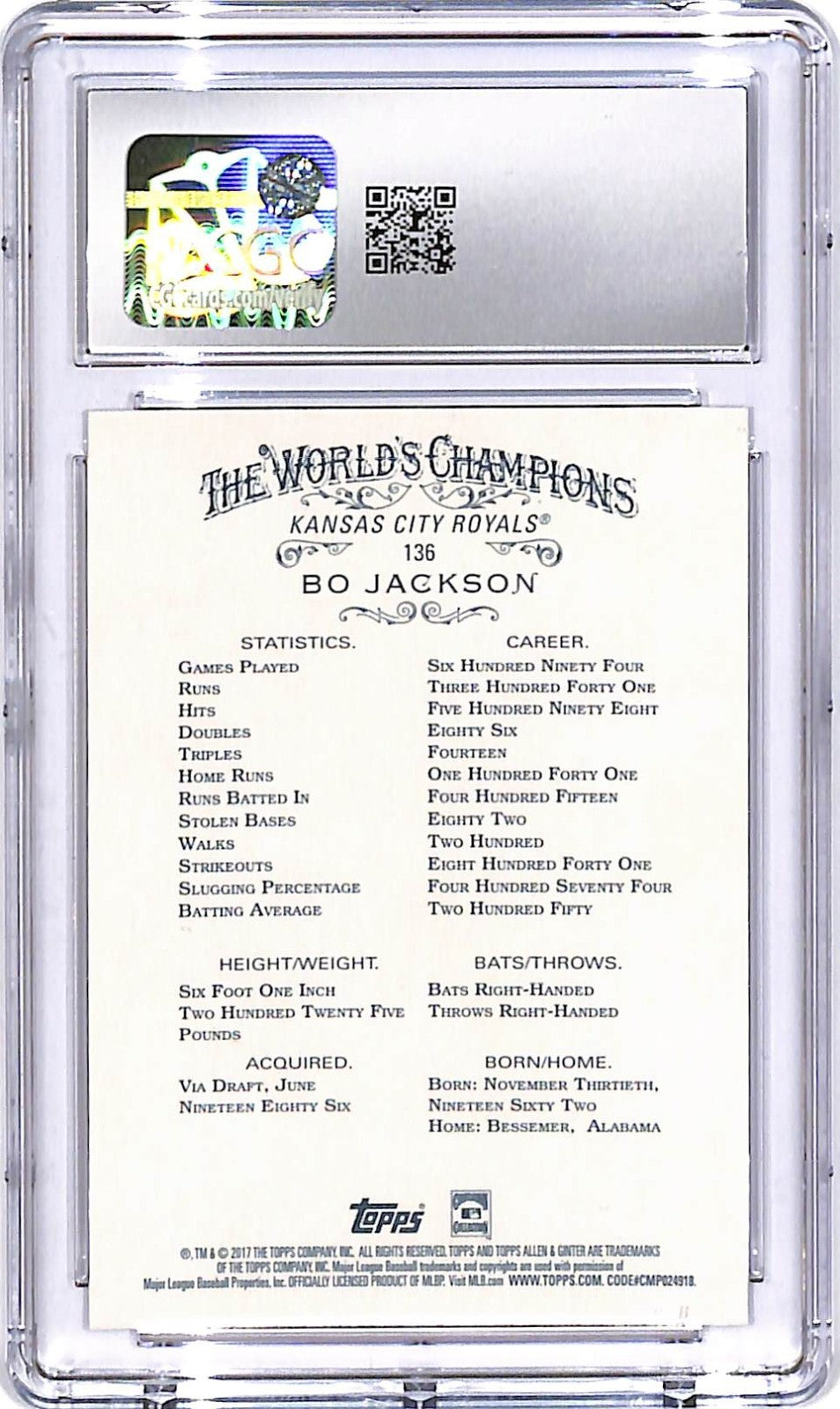 2017 Topps Allen and Ginter Bo Jackson #136 CGC 10 Royals
