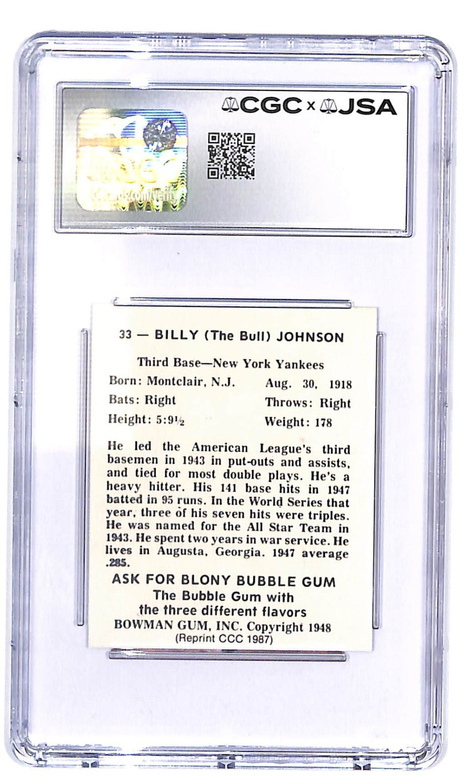 Signed 1987 CCC '48 Bowman Reprints Bill Johnson #33 CGC 8.5/10 Auto Yankees