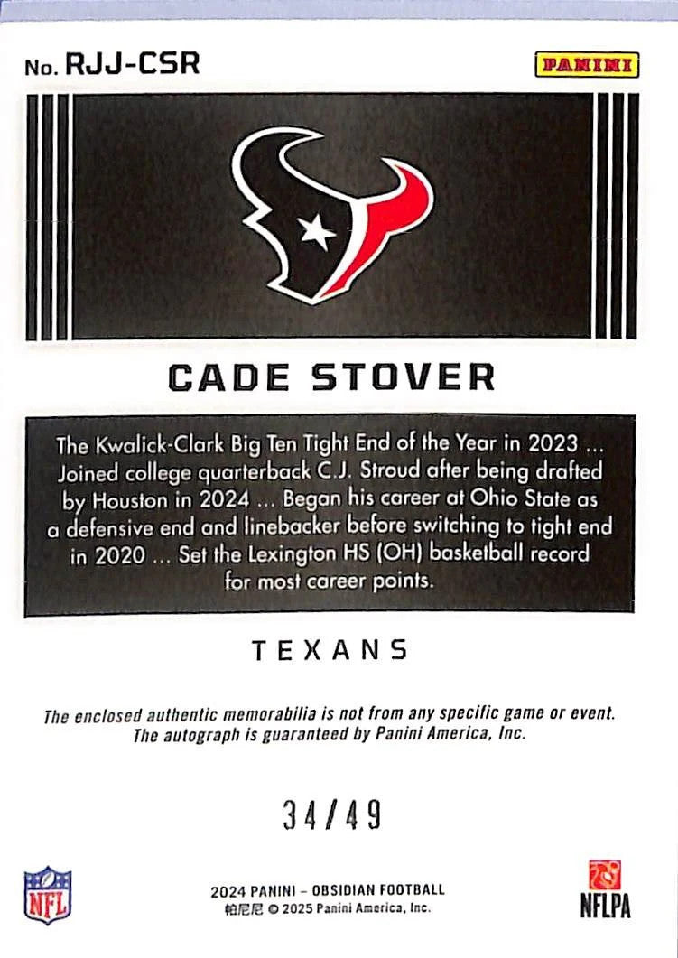 2024 Obsidian Cade Stover Auto Autograph Rookie RC Patch /49 Texans