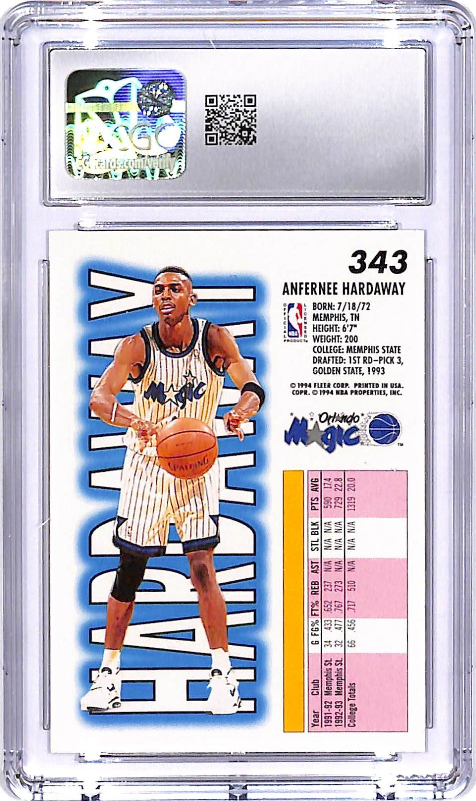 1993-94 Fleer Anfernee Hardaway Rookie RC #343 CGC 9.5 Magic