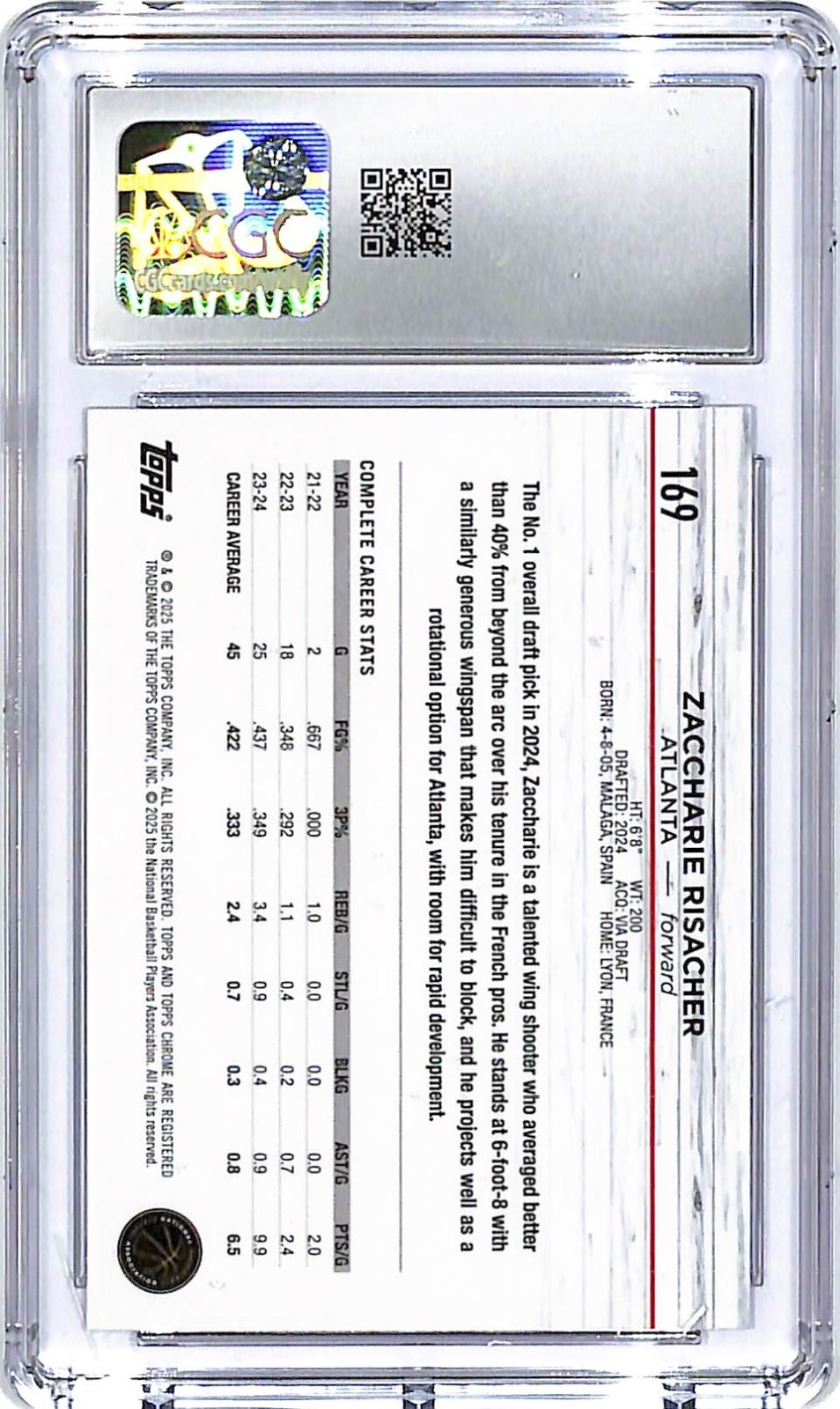 2024-25 Topps Chrome Sapphire Zaccharie Risacher Rookie RC CGC 10 #169 Hawks
