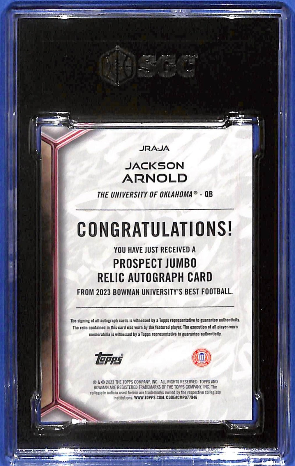 2023 Bowman's Best U Prospect Jumbo Relic Autographs Jackson Arnold SGC 9/10 Aut