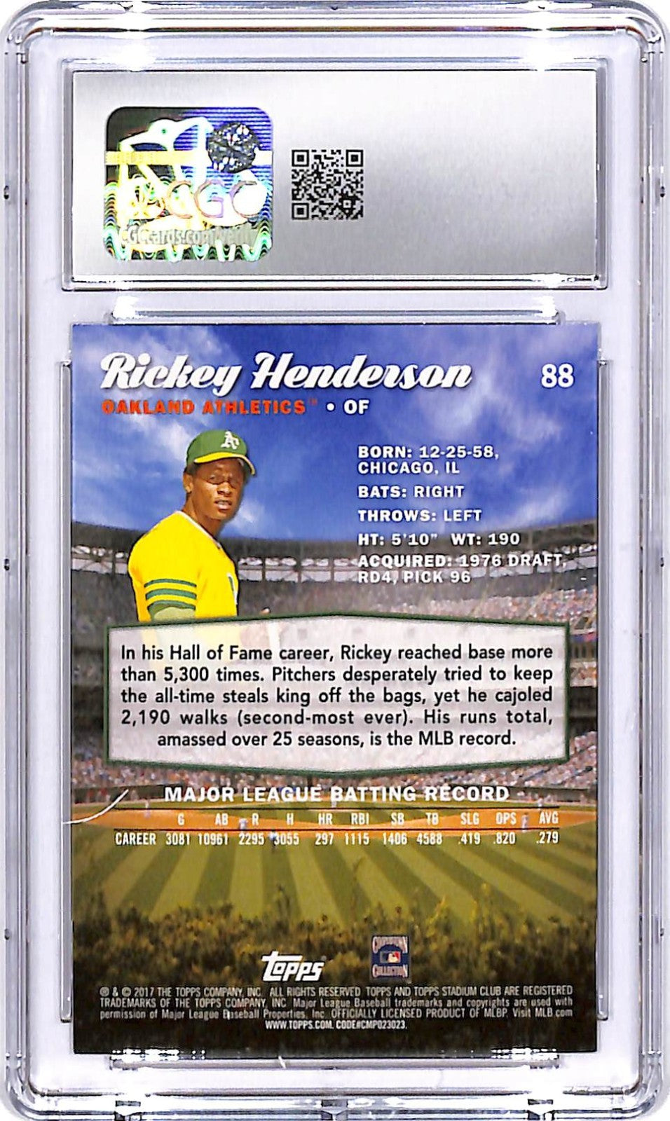 2017 Stadium Club Rickey Henderson #88 CGC 10 Atheltics
