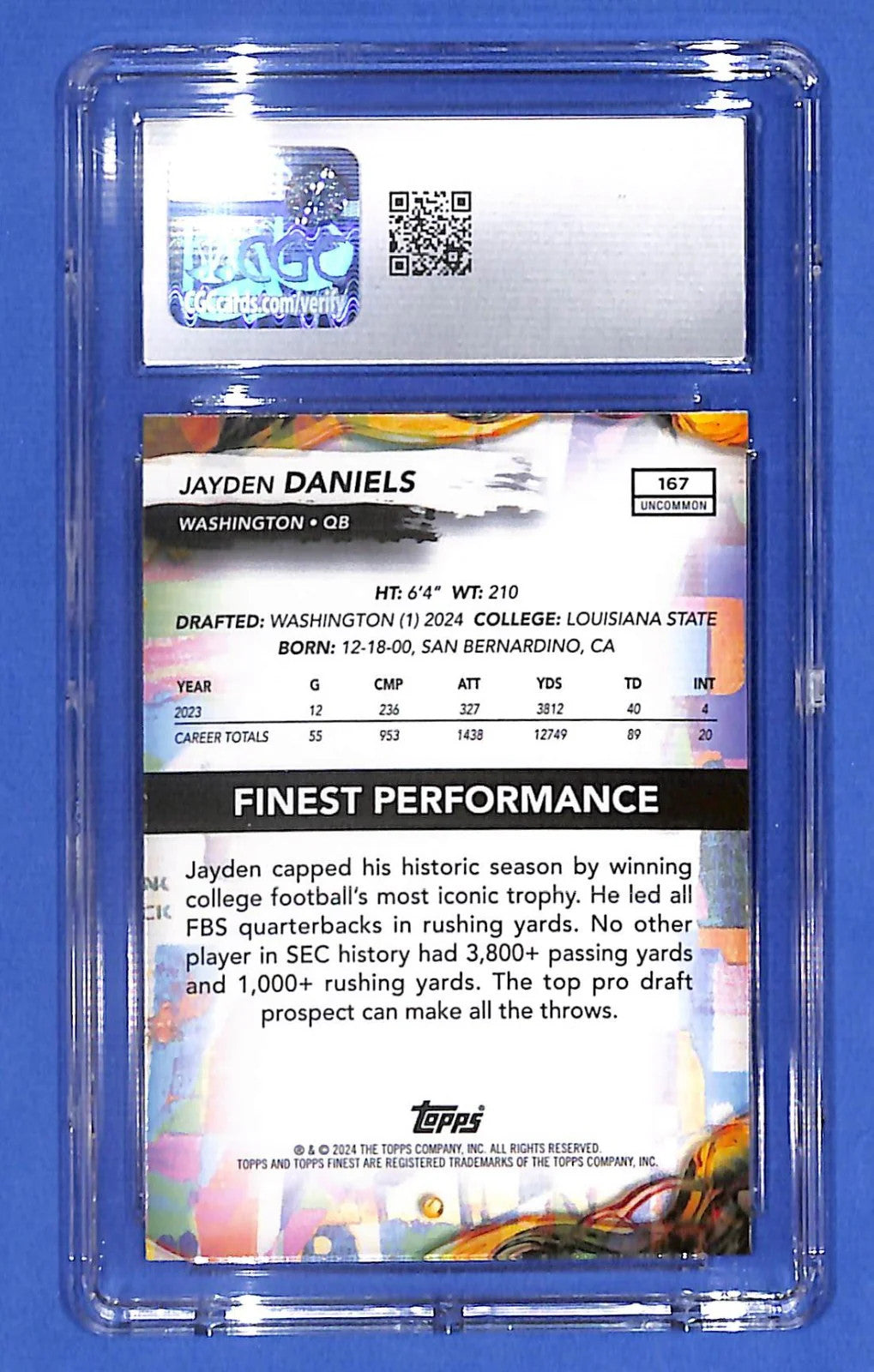 2024 Topps Finest - Uncommon Jayden Daniels #167 (RC) CGC 10 Gem Mint Commanders