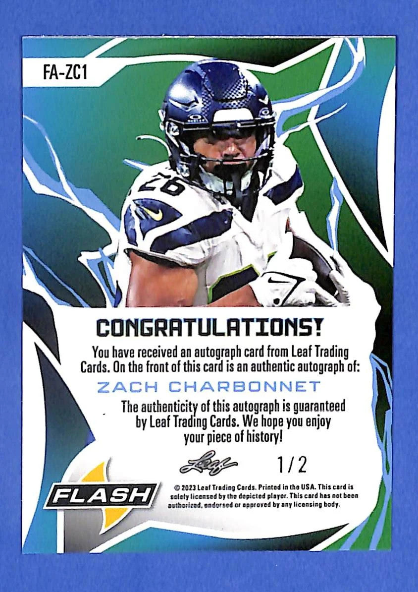 2023 Leaf Eclectic Flash Autographs Zach Charbonnet #FA-JH1 Green Wave #1/2 (RC)