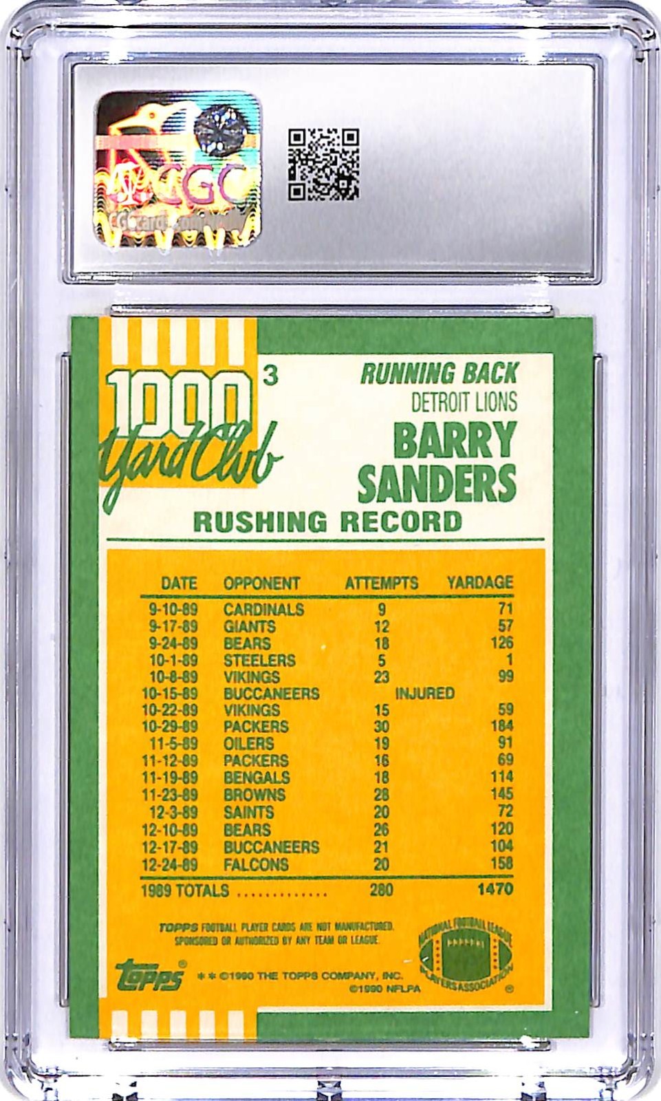 1990 Topps Barry Sanders 1000 Yard Club #3 CGC 9.5 Lions