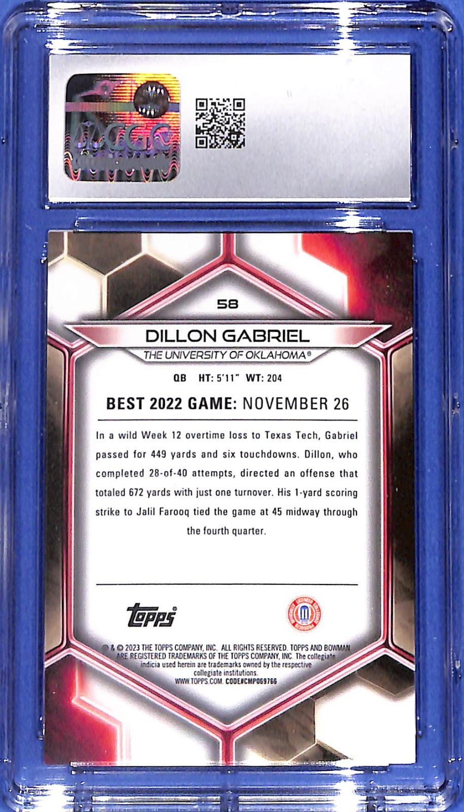 2023 Bowman's Best U Dillon Gabriel #58 Yellow Refractor (RC) #27/75 CGC 10 GM