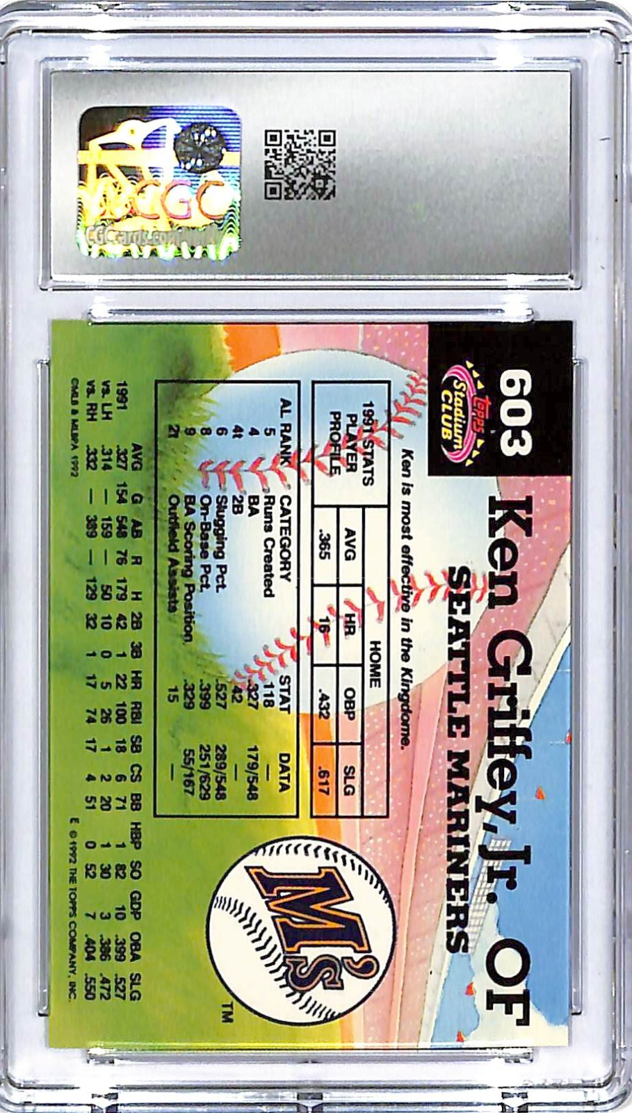 1992 Topps Stadium Club Ken Griffey Jr Memebrs Choice CGC 10 #603 Mariners