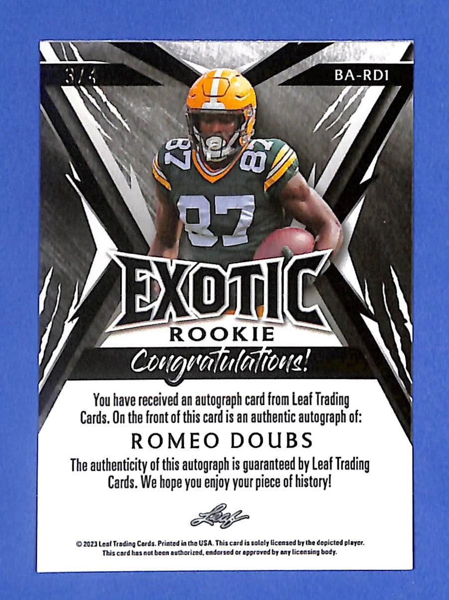 2023 Leaf Exotic Romeo Doubs Auto Autograph Rookie RC #/4 SP BA-RD1 Packers (RC)