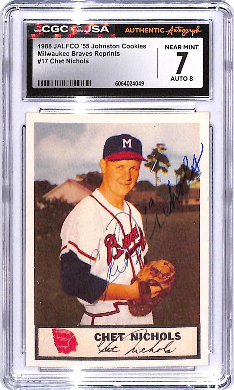Signed 1988 JALFCO '54 Milwaukee Braves Reprints #3 Chet Nichols CGC 7/9 Auto