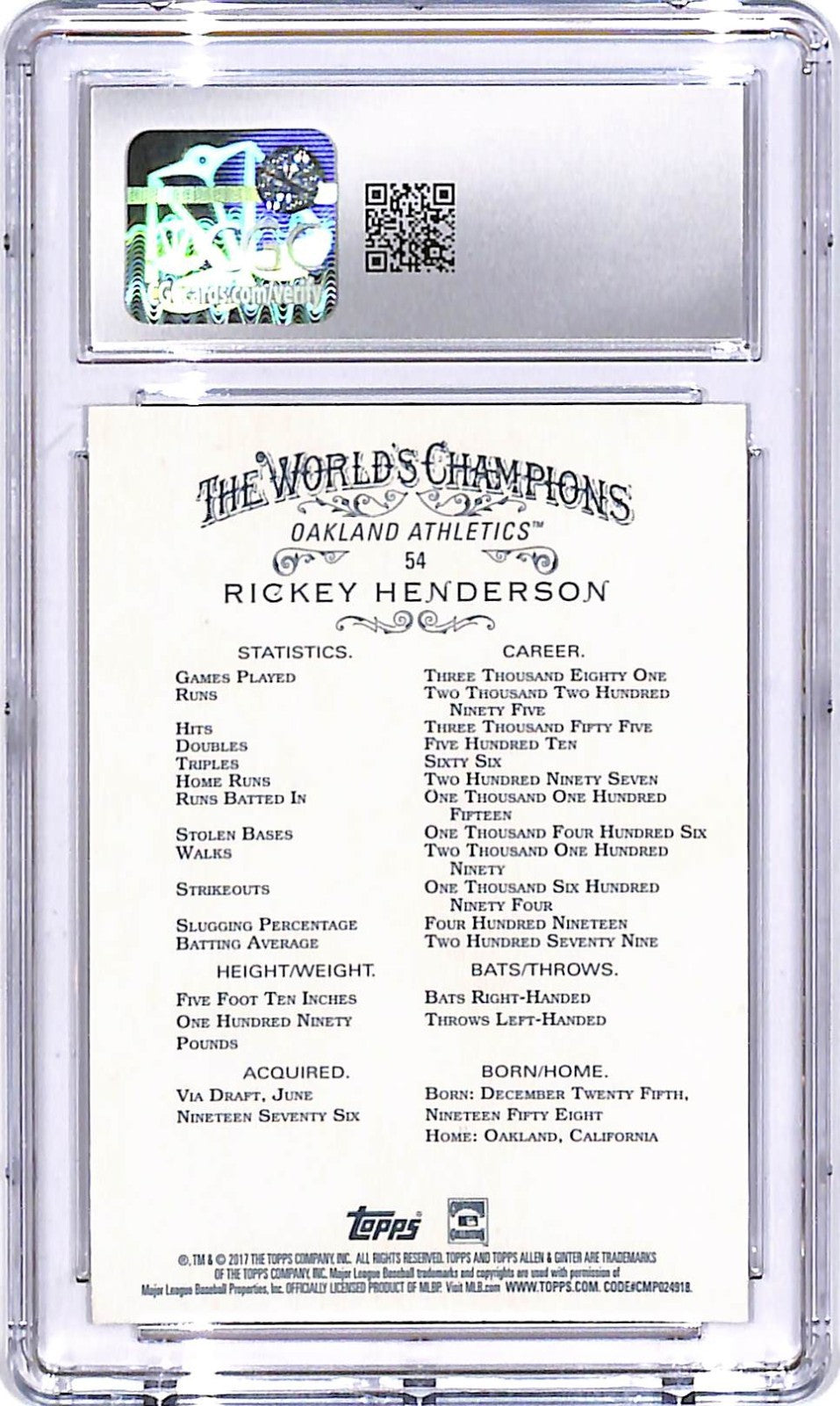 2017 Topps Allen and Ginter Rickey Henderson Hot Box Foil #54 CGC 10 Athletics